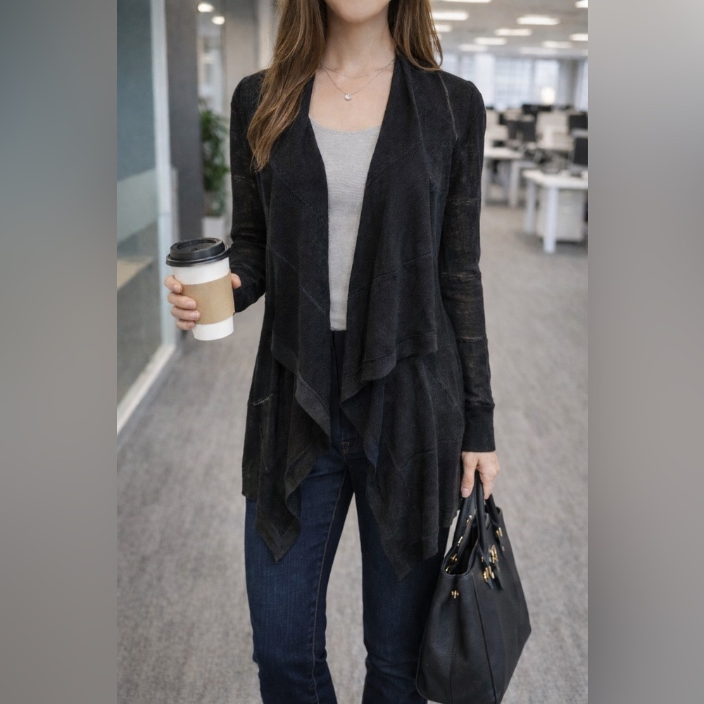 Cache Black Metallic Open Front Waterfall Cardigan Sweater Size M